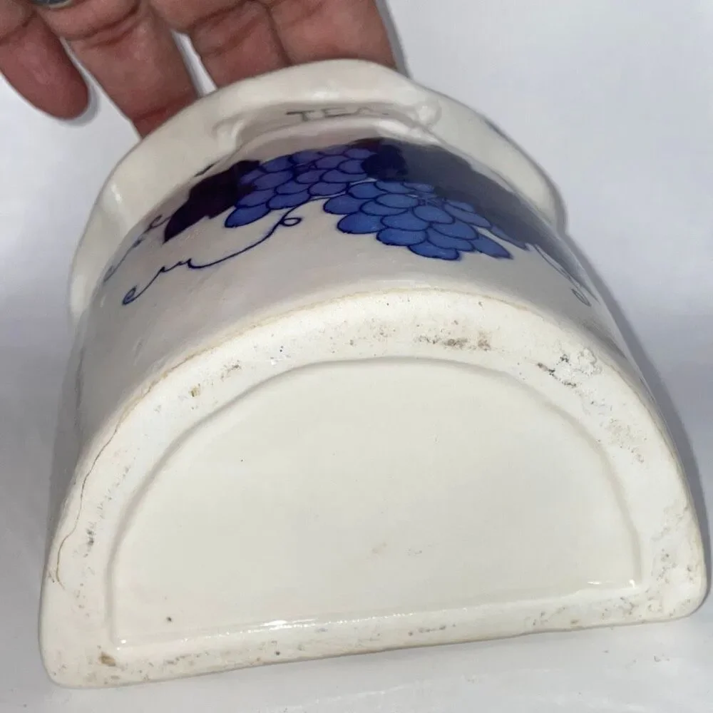 Vintage Tea Jar Hanging Wall Pocket Canister Blue White Ceramic Grape Hand Paint
